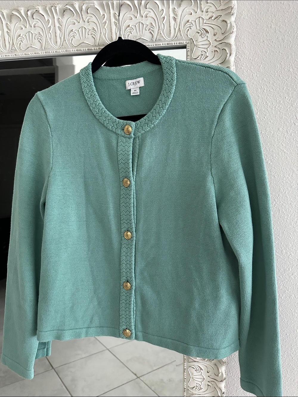 J. Crew Green Cotton Lady Cardigan with Gold Buttons